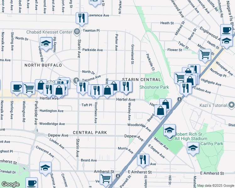map of restaurants, bars, coffee shops, grocery stores, and more near 315 Parker Avenue in Buffalo