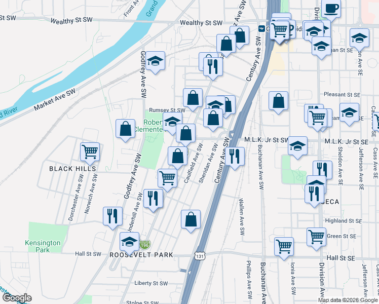 map of restaurants, bars, coffee shops, grocery stores, and more near 444 Stone Street Southwest in Grand Rapids