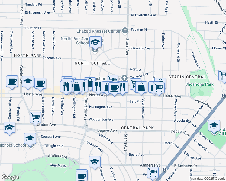 map of restaurants, bars, coffee shops, grocery stores, and more near 1678 Hertel Avenue in Buffalo