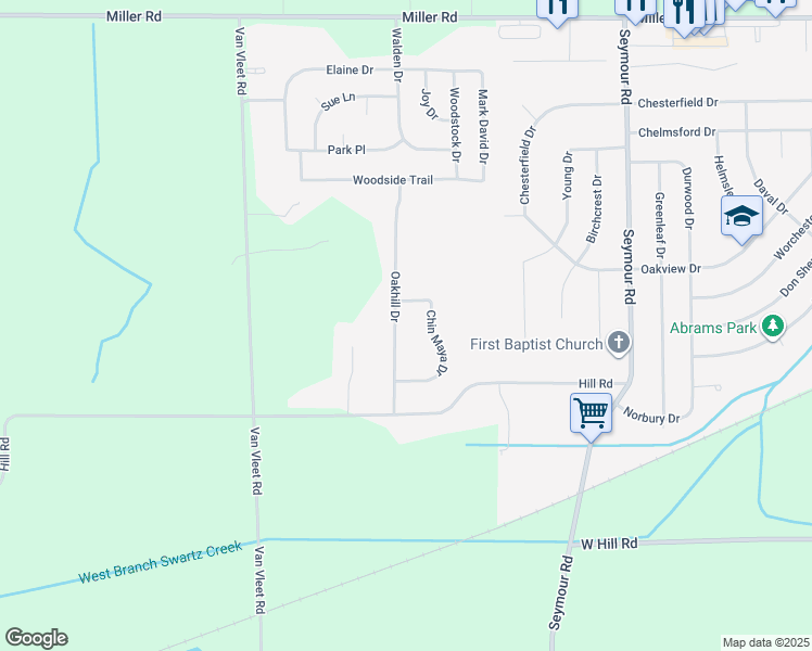 map of restaurants, bars, coffee shops, grocery stores, and more near 5299 Oakhill Dr in Swartz Creek