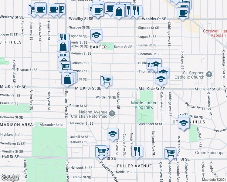 map of restaurants, bars, coffee shops, grocery stores, and more near 1044 Franklin Street Southeast in Grand Rapids