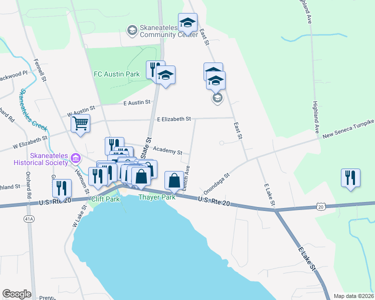 map of restaurants, bars, coffee shops, grocery stores, and more near 49 Academy Street in Skaneateles