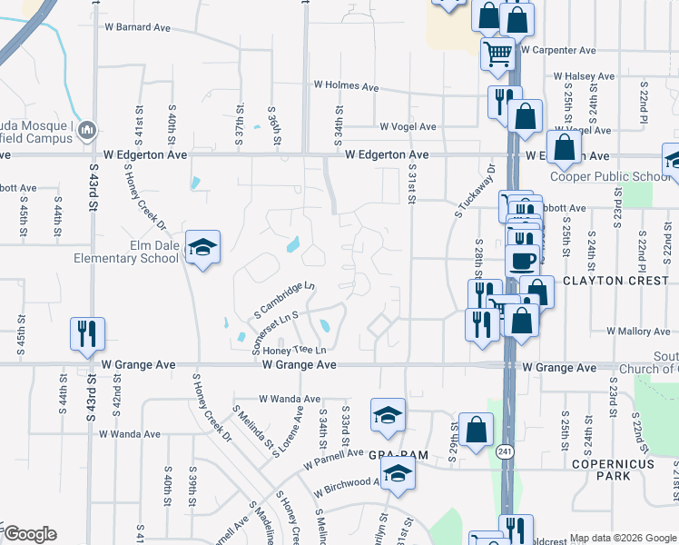 map of restaurants, bars, coffee shops, grocery stores, and more near 5261 Somerset Lane South in Greenfield