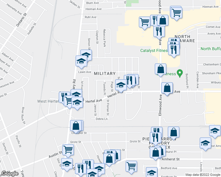 map of restaurants, bars, coffee shops, grocery stores, and more near 24 Page Street in Buffalo