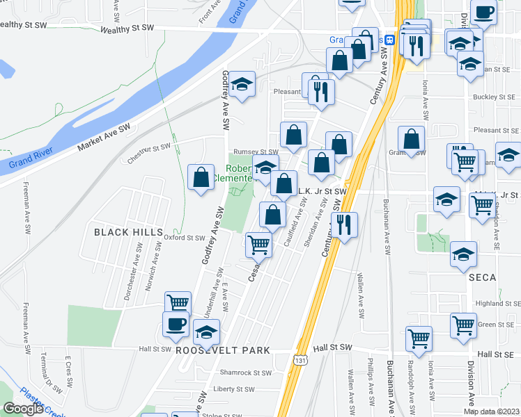 map of restaurants, bars, coffee shops, grocery stores, and more near A Street Southwest in Grand Rapids