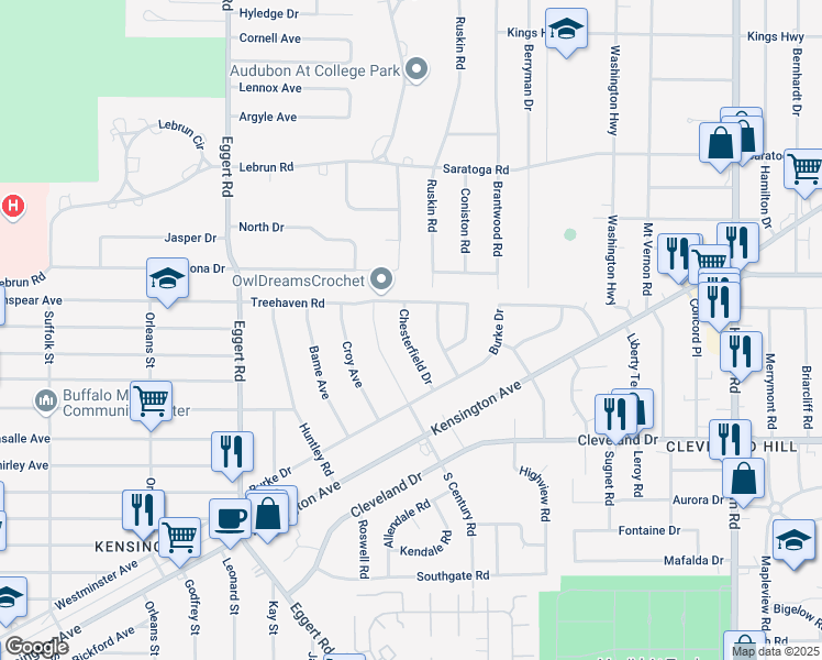 map of restaurants, bars, coffee shops, grocery stores, and more near 75 Chesterfield Drive in Buffalo