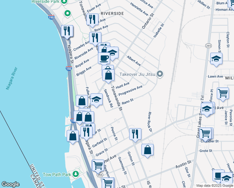 map of restaurants, bars, coffee shops, grocery stores, and more near 703 Tonawanda Street in Buffalo