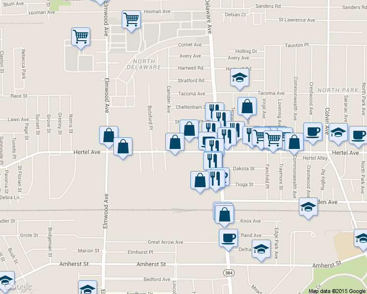 map of restaurants, bars, coffee shops, grocery stores, and more near 994 Hertel Avenue in Buffalo