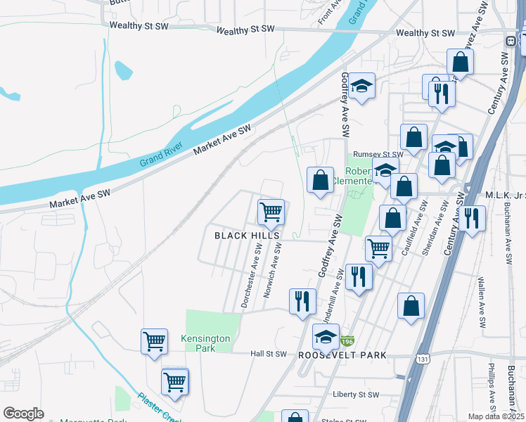 map of restaurants, bars, coffee shops, grocery stores, and more near 823 Dorchester Avenue Southwest in Grand Rapids