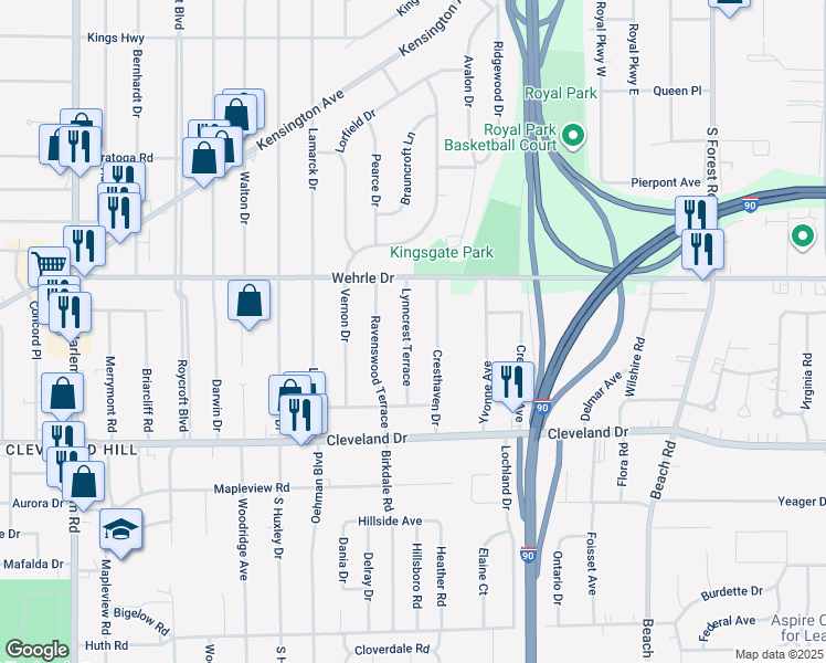 map of restaurants, bars, coffee shops, grocery stores, and more near 73 Lynncrest Terrace in Cheektowaga