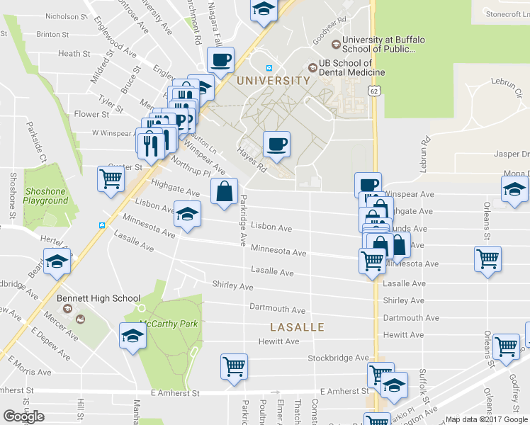 map of restaurants, bars, coffee shops, grocery stores, and more near 197 Highgate Avenue in Buffalo