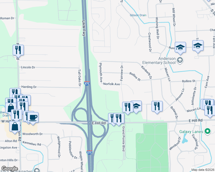 map of restaurants, bars, coffee shops, grocery stores, and more near 1316 Norfolk Avenue in Grand Blanc
