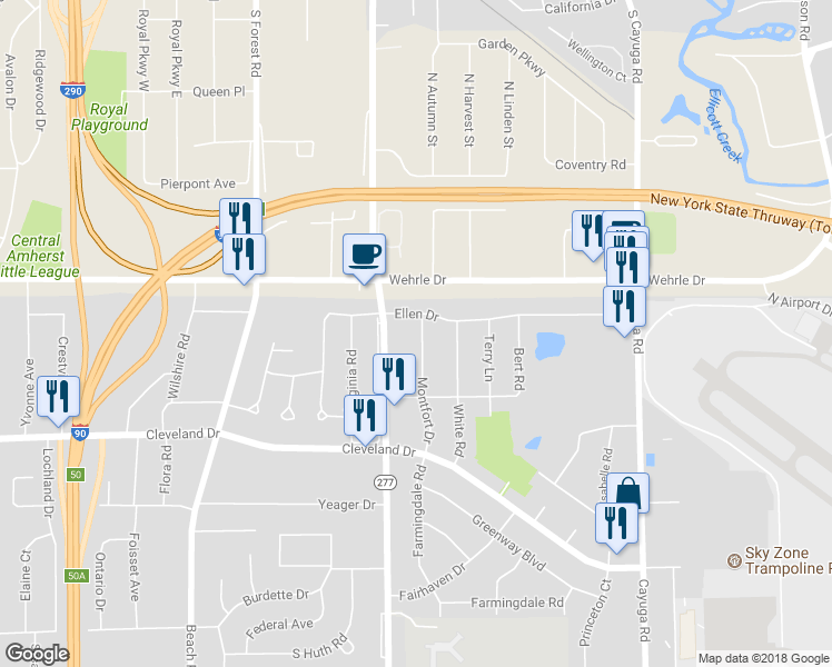 map of restaurants, bars, coffee shops, grocery stores, and more near 132 Montfort Drive in Buffalo
