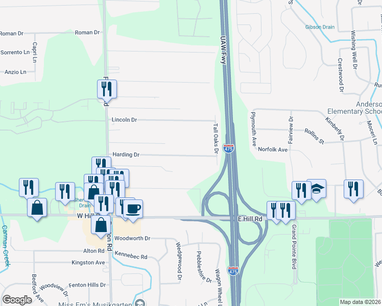 map of restaurants, bars, coffee shops, grocery stores, and more near 1187 Harding Drive in Flint