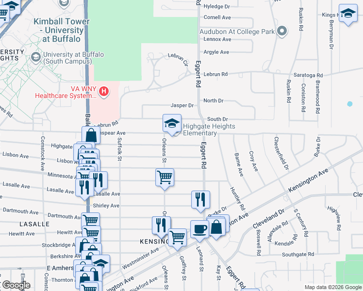 map of restaurants, bars, coffee shops, grocery stores, and more near 599 Highgate Avenue in Buffalo