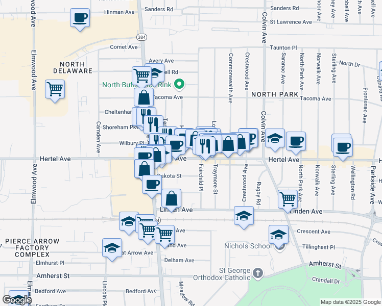 map of restaurants, bars, coffee shops, grocery stores, and more near 1154 Hertel Avenue in Buffalo