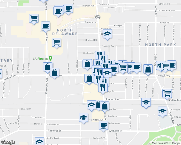map of restaurants, bars, coffee shops, grocery stores, and more near 1038 Hertel Avenue in Buffalo