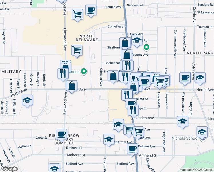 map of restaurants, bars, coffee shops, grocery stores, and more near 994 Hertel Avenue in Buffalo