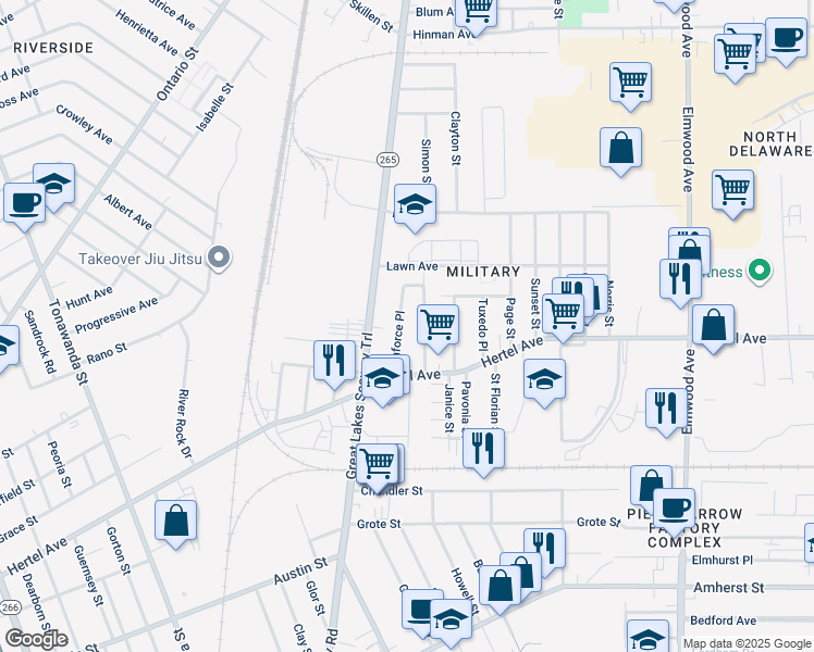 map of restaurants, bars, coffee shops, grocery stores, and more near 47 Laforce Place in Buffalo