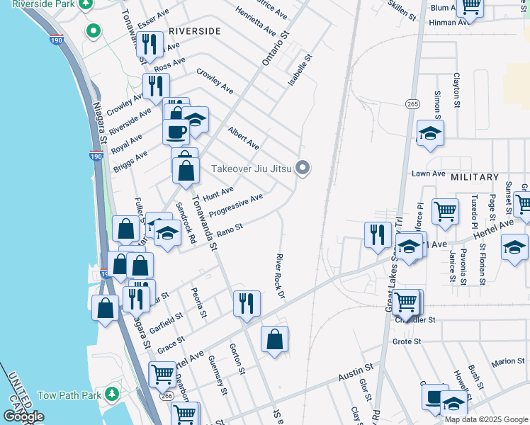 map of restaurants, bars, coffee shops, grocery stores, and more near 114 Rano Street in Buffalo