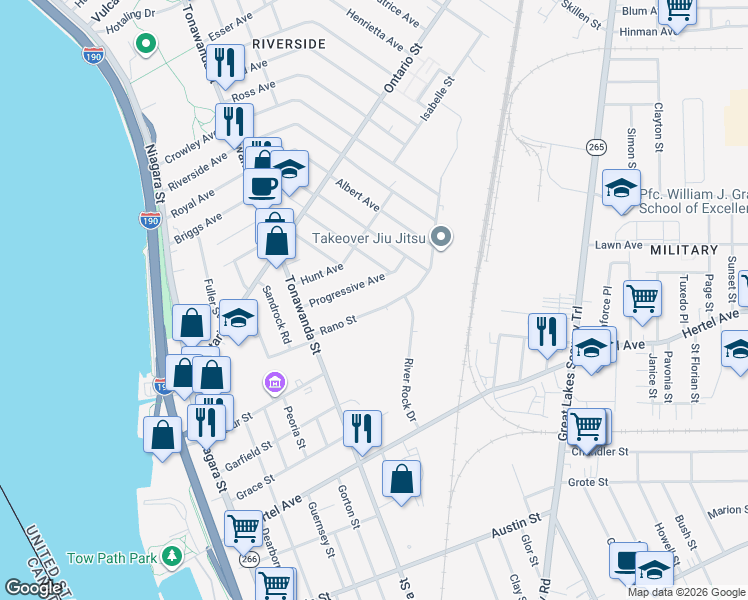 map of restaurants, bars, coffee shops, grocery stores, and more near in Buffalo