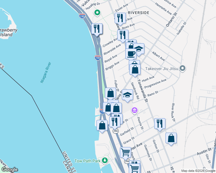 map of restaurants, bars, coffee shops, grocery stores, and more near 12 Collaton Street in Buffalo