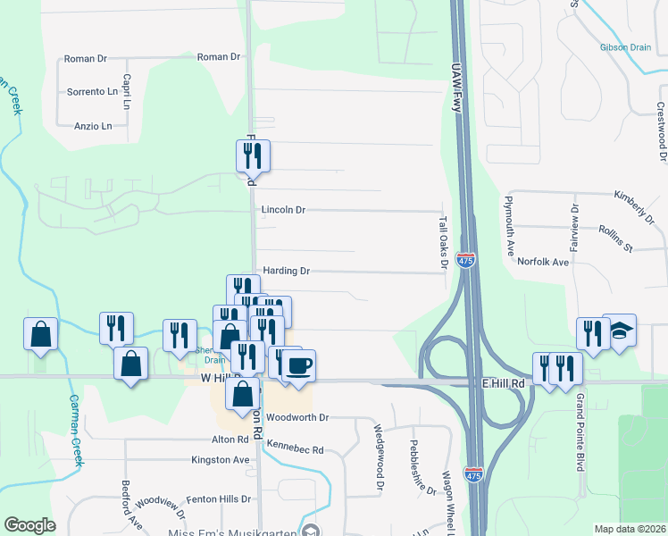 map of restaurants, bars, coffee shops, grocery stores, and more near 1111 Harding Drive in Flint