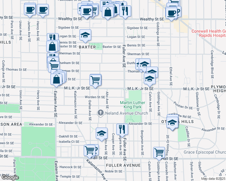 map of restaurants, bars, coffee shops, grocery stores, and more near 1122 Franklin Street Southeast in Grand Rapids