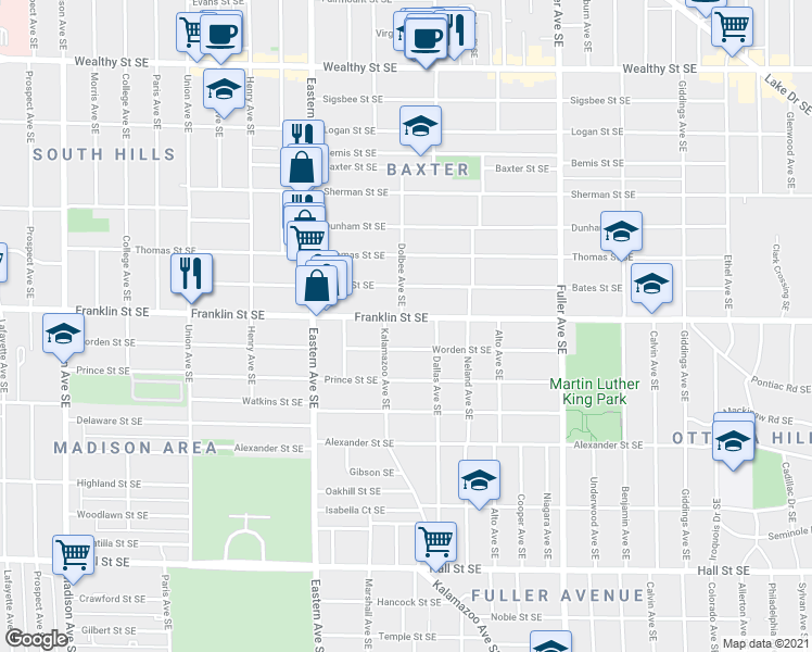 map of restaurants, bars, coffee shops, grocery stores, and more near 918 Franklin Street Southeast in Grand Rapids