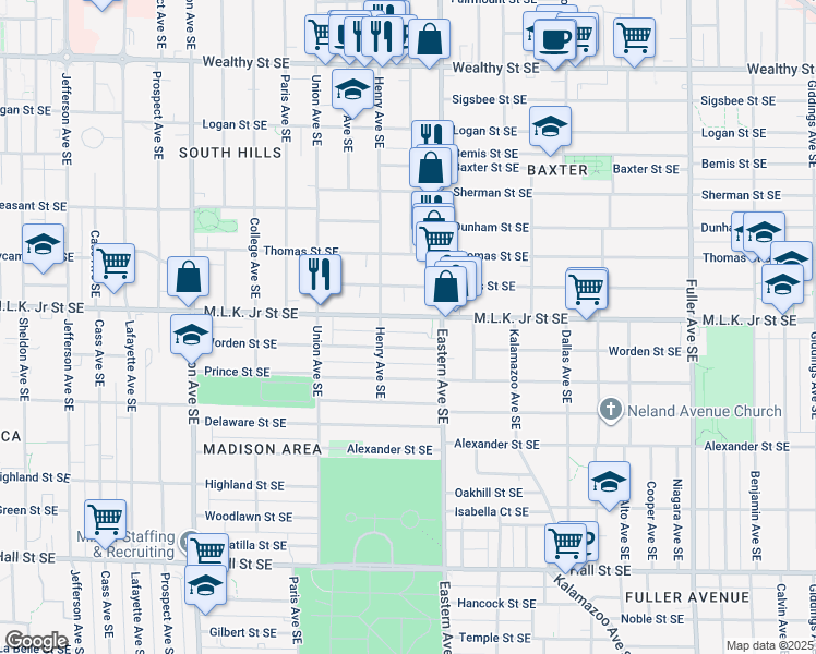 map of restaurants, bars, coffee shops, grocery stores, and more near 738 Franklin Street Southeast in Grand Rapids