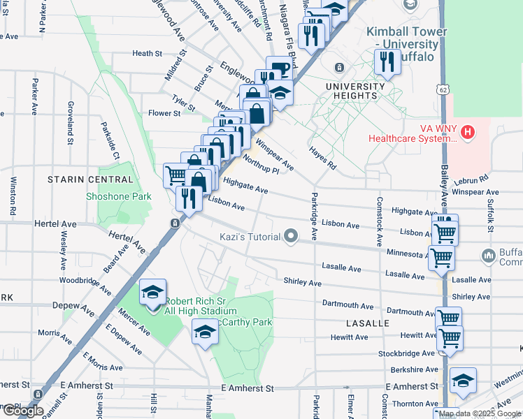 map of restaurants, bars, coffee shops, grocery stores, and more near 98 Lisbon Avenue in Buffalo