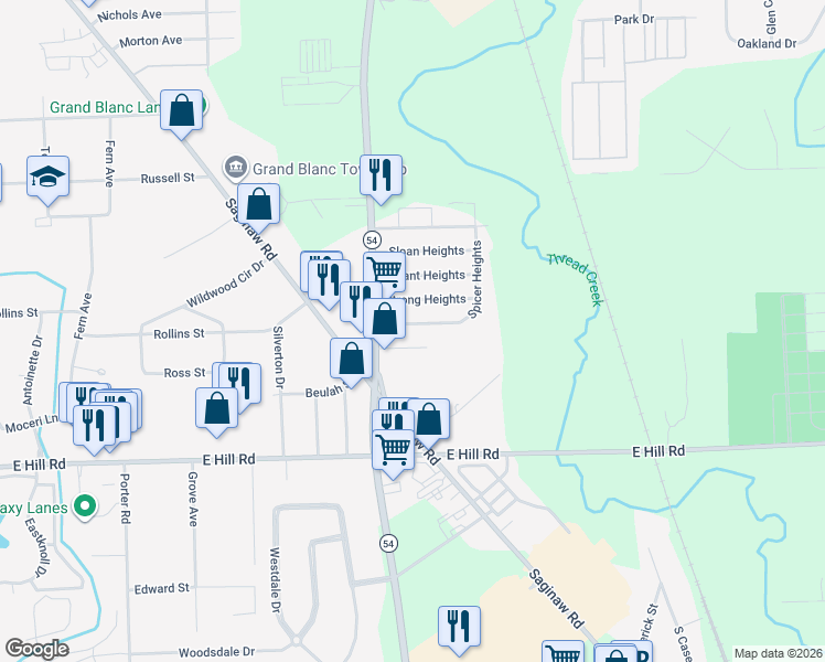 map of restaurants, bars, coffee shops, grocery stores, and more near 3034 Baker Heights in Flint