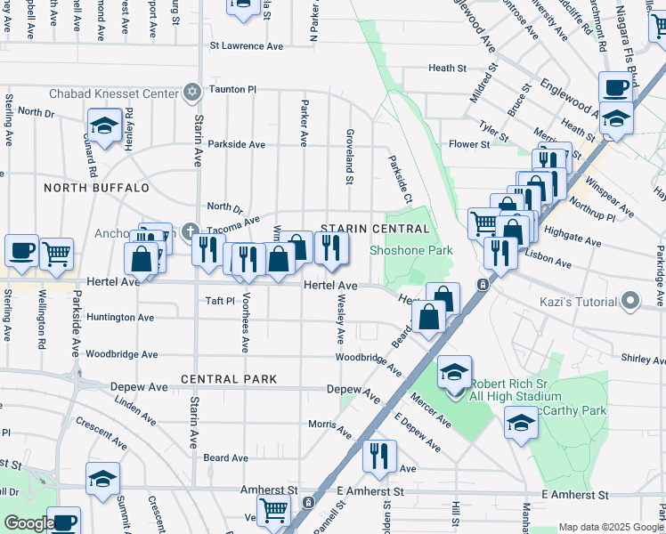 map of restaurants, bars, coffee shops, grocery stores, and more near 17 Carmel Rd in Buffalo