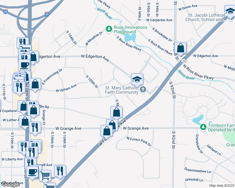 map of restaurants, bars, coffee shops, grocery stores, and more near 9915 West Brookside Drive in Hales Corners