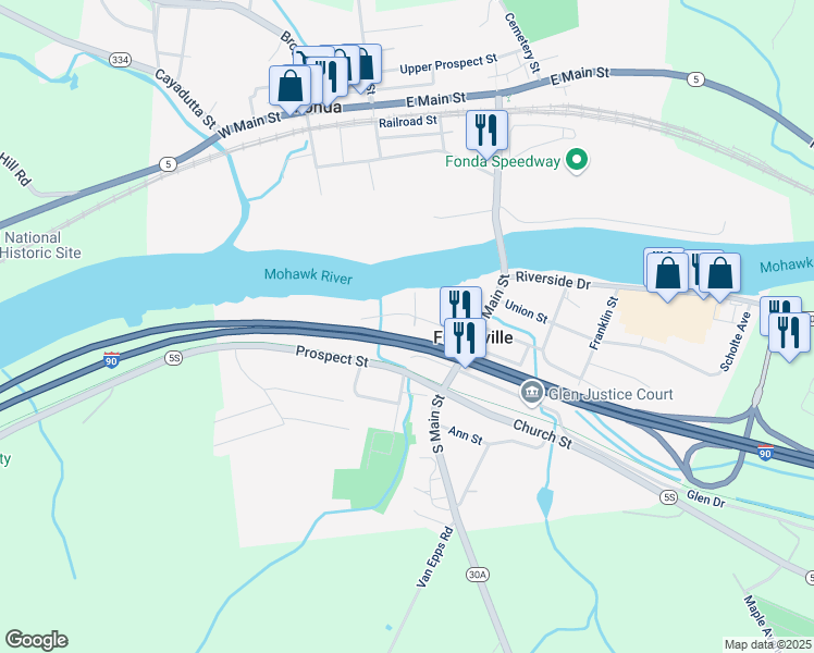 map of restaurants, bars, coffee shops, grocery stores, and more near 9 Mohawk Street in Fultonville