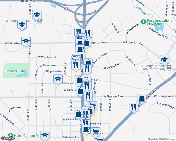 map of restaurants, bars, coffee shops, grocery stores, and more near 5300 South 108th Street in Hales Corners