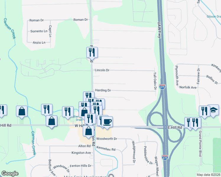 map of restaurants, bars, coffee shops, grocery stores, and more near 1073 Harding Drive in Flint