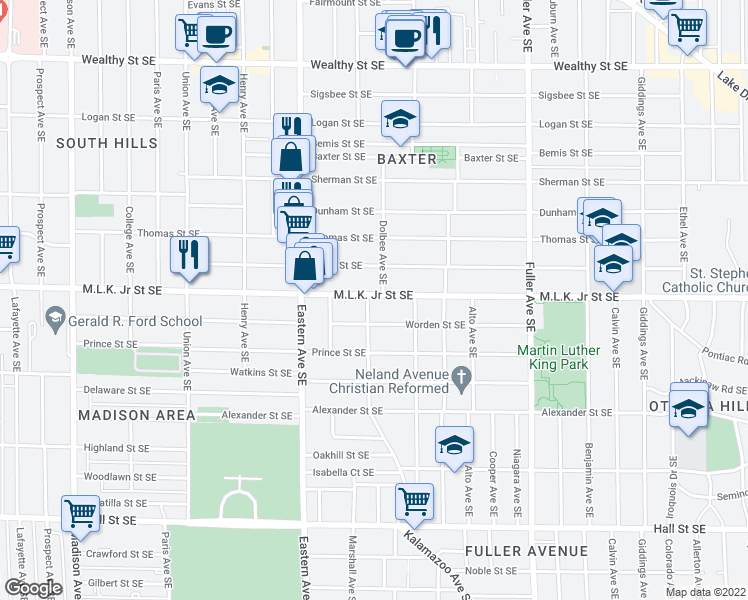 map of restaurants, bars, coffee shops, grocery stores, and more near 800 Kalamazoo Avenue Southeast in Grand Rapids