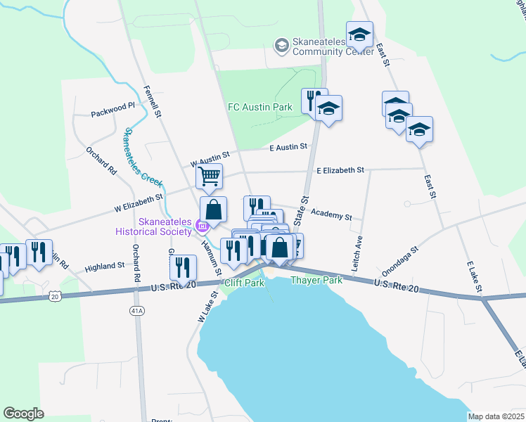 map of restaurants, bars, coffee shops, grocery stores, and more near 36 Jordan Street in Skaneateles