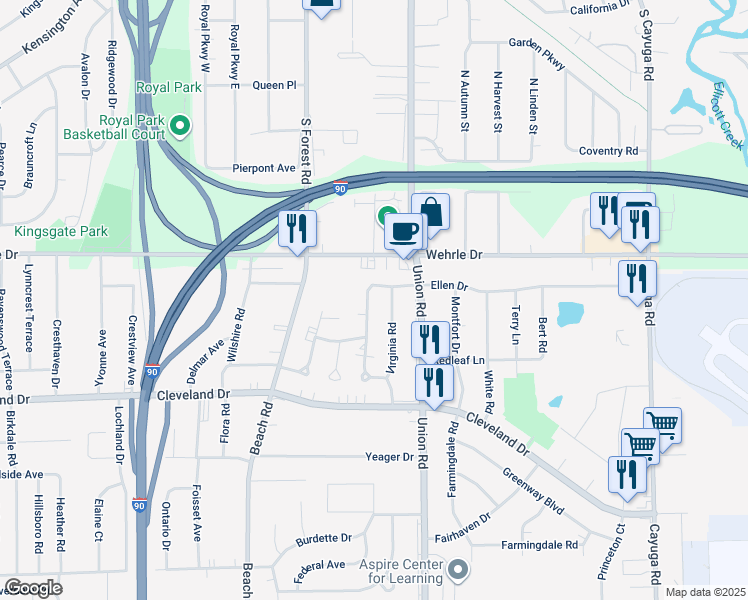 map of restaurants, bars, coffee shops, grocery stores, and more near 94 Virginia Road in Buffalo