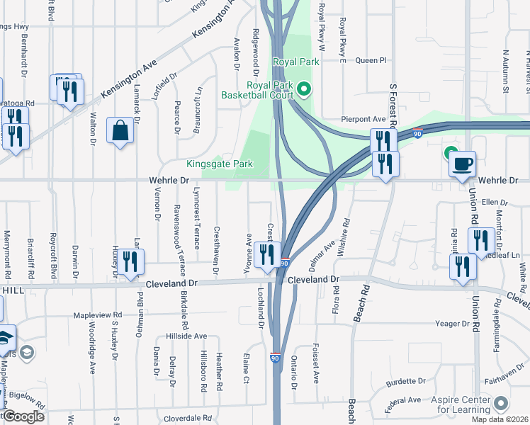 map of restaurants, bars, coffee shops, grocery stores, and more near 90 Crestview Avenue in Buffalo