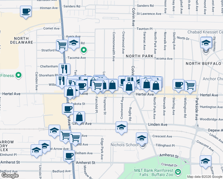 map of restaurants, bars, coffee shops, grocery stores, and more near in Buffalo