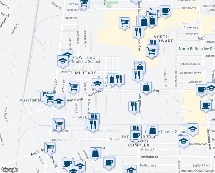 map of restaurants, bars, coffee shops, grocery stores, and more near 674 Hertel Avenue in Buffalo
