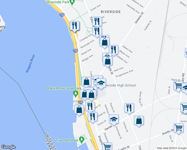 map of restaurants, bars, coffee shops, grocery stores, and more near 96 Ontario Street in Buffalo