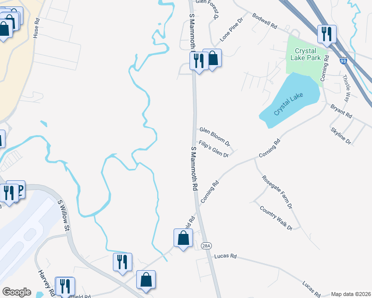 map of restaurants, bars, coffee shops, grocery stores, and more near 843 South Mammoth Road in Manchester