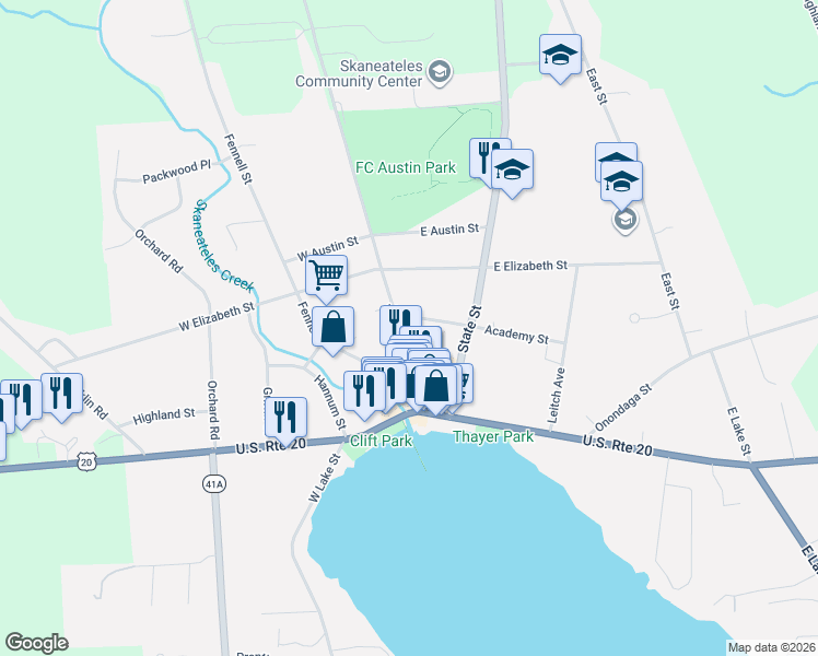 map of restaurants, bars, coffee shops, grocery stores, and more near 36 Jordan Street in Skaneateles