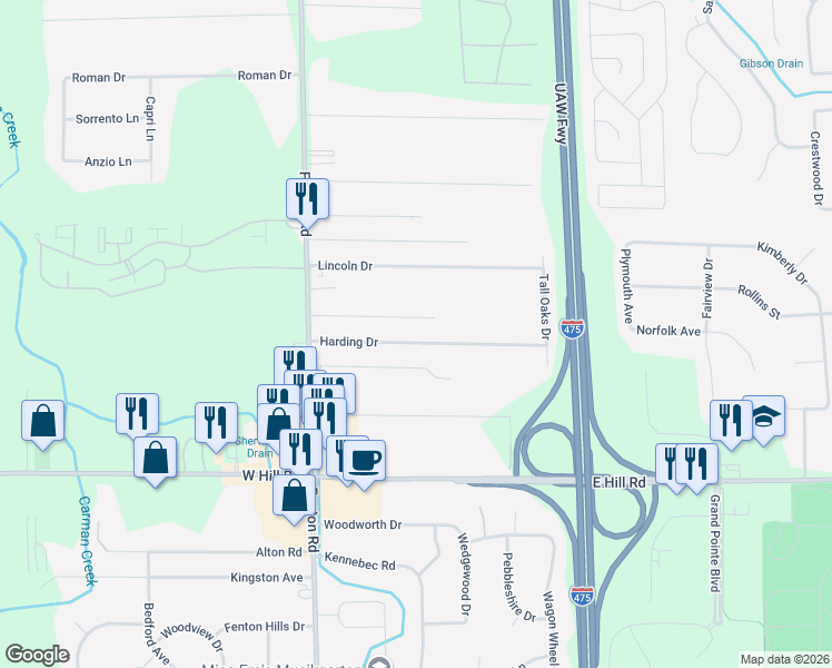 map of restaurants, bars, coffee shops, grocery stores, and more near 1111 Harding Dr in Flint