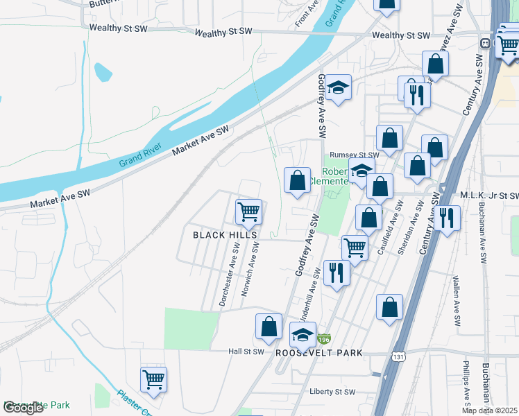 map of restaurants, bars, coffee shops, grocery stores, and more near 811 Norwich Avenue Southwest in Grand Rapids