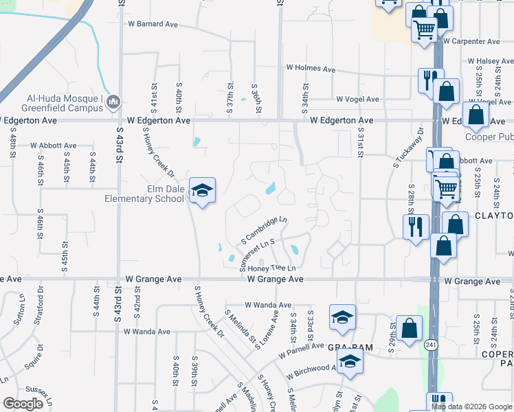 map of restaurants, bars, coffee shops, grocery stores, and more near 5332 South Butterfield Way in Greenfield