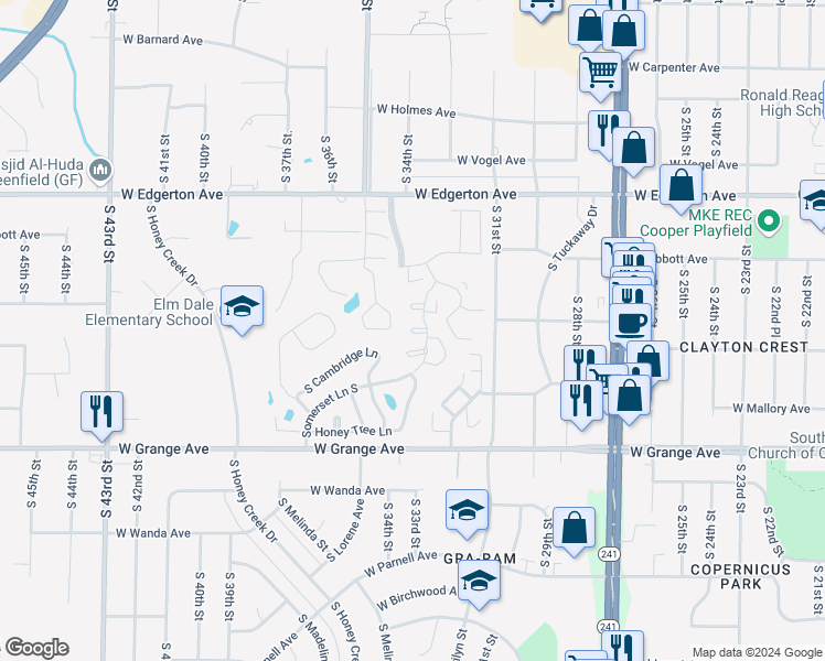 map of restaurants, bars, coffee shops, grocery stores, and more near 5261 Somerset Lane South in Greenfield